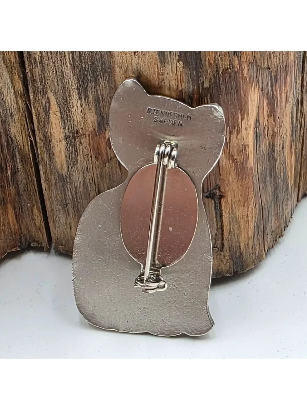 ​VTG Rune Tennesmed Sweden Pewter Cat Brooch Modernist Floral MCM Kitty Pin